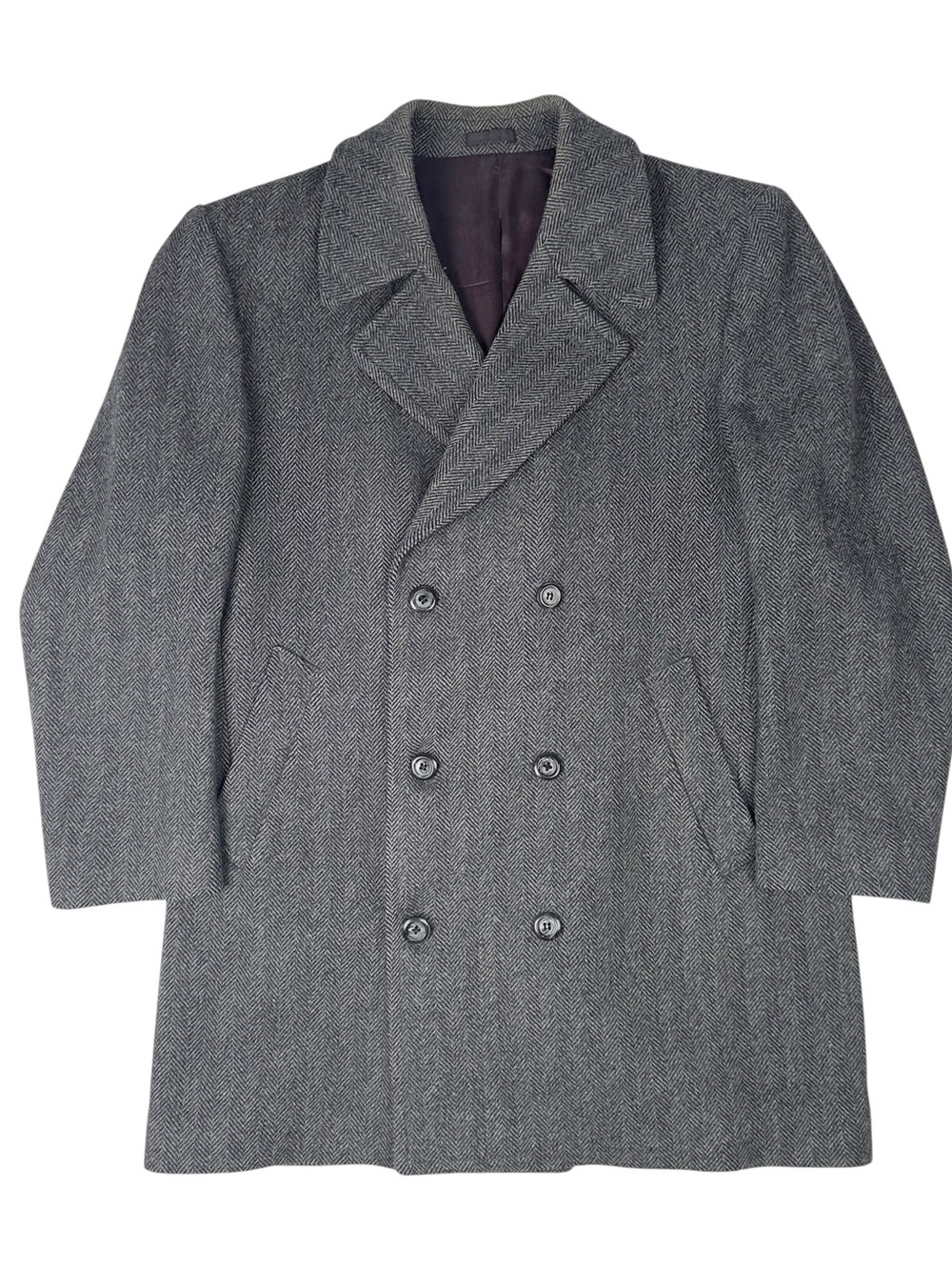 Vintage Nino Cerruti Signature Herringbone Overcoat 42S 100% Pure Wool Charcoal